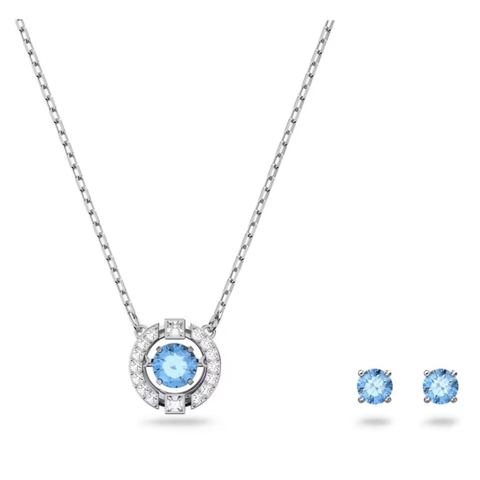 SWAROVSKI Una set (Round cut, Blue, Rhodium plated) - EARRINGS & NECKLACE - Khuyên tai + dây cổ, pha lê xanh chuyển động - JEWELRY