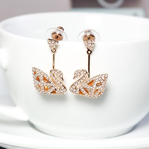 SWAROVSKI Facet Swan Pierced earrings (Swan, White, Rose-gold tone plated) - Khuyên tai thiên nga - JEWELRY