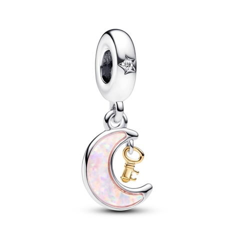 PANDORA Two-tone Key & Moon Dangle Charm (Silver Sterling, CZ, Opal lap-created, 14k gold plating) - Hạt treo trang trí vòng tay, hình mặt trăng màu hồng, bạc 925, đá CZ, đá Opal nhân tạo & chìa khoá mạ vàng 14k - JEWELRY