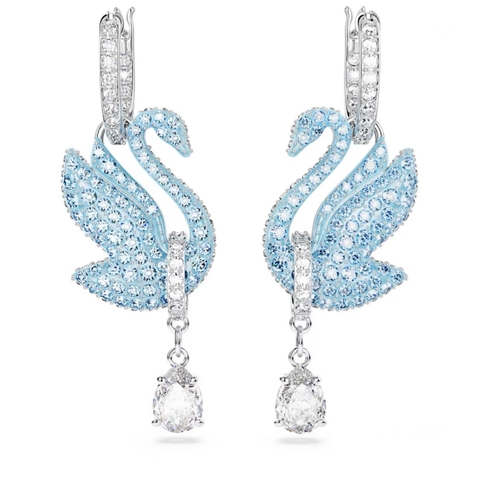 SWAROVSKI Swan drop earrings (Swan, Blue, Rhodium plated) - Khuyên tai thiên nga xanh - JEWERY