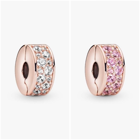 CHÍNH HÃNG - PANDORA Clear Pavé Clip Charm (14K Rosegold plated, Zircona) - Hạt trang trí vòng tay, chốt bấm, hỗn hợp kim loại mạ vàng hồng 14k