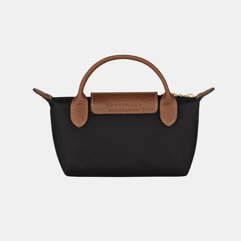 MINI SIZE - TÚI LONGCHAMP LE PLIAGE ORIGINAL POUCH WITH HANDLE - BLACK - Recycled Canvas - Túi xách màu đen, quai nắp nâu