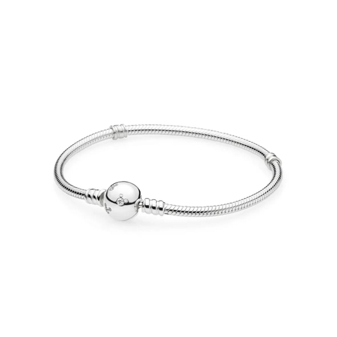 PANDORA Disney, Moments Sparkling Snake Chain Bracelet (Mickey Mouse Clasp, Silver Strerling, Clear Zirconia) - Vòng/lắc tay bạc 925, khoá tròn chuột Mickey, dáng mềm