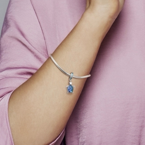 PANDORA Murano Glass Sea Turtle Dangle Charm (Silver Sterling, Zircona) - Hạt treo trang trí vòng tay, hình rùa biển xanh đại dương, bạc 925 - JEWELRY