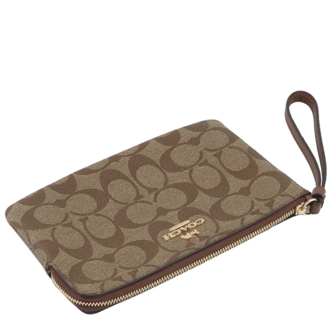 COACH 6648 Signature Large Corner Zip Wristlet Khaki Saddle - Ví cầm tay, khoá kéo