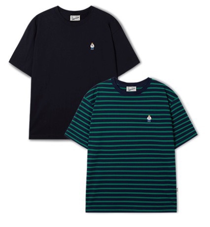 CHÍNH HÃNG - WHOAU (2PACK/SET) STEVE BEAR STRIPE T-SHIRT - Bộ 2 áo thun màu đen+sọc