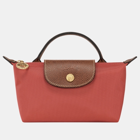 MINI SIZE - TÚI LONGCHAMP LE PLIAGE ORIGINAL POUCH WITH HANDLE - TOMATO - Túi xách màu đỏ cam, quai nắp nâu