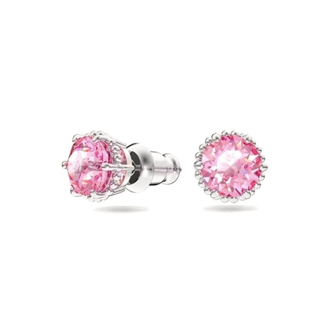 SWAROVSKI Birthstone stud earrings (Round cut, Dark Pink, Rhodium plated) - Khuyên tai, hình tròn, pha lê màu hồng đậm - JEWERY