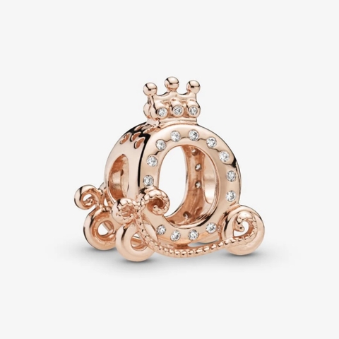 PANDORA Charm Crown O Carriage (Rose-gold 14k plated, Clear Zircona) - Hạt trang trí vòng tay hình cổ xe bí vương miệng, hợp kim mạ vàng hồng 14k, đá CZ trắng