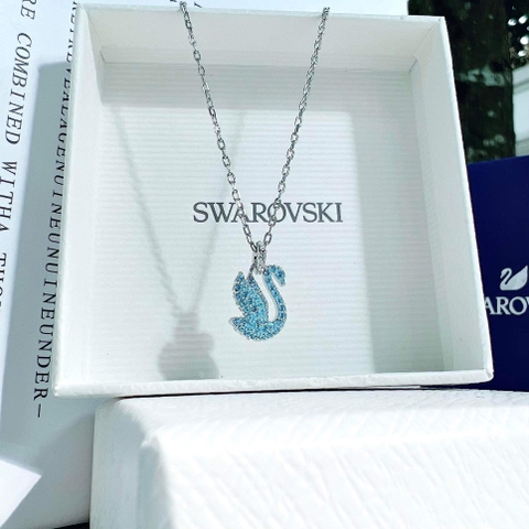 SWAROVSKI Swan pendant (Swan, M or S size, Blue, Rhodium plated) - Dây cổ, dây chuyền thiên nga xanh - JEWELRY NECKLACE