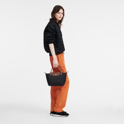 SMALL SIZE - TÚI LONGCHAMP LE PLIAGE ORIGINAL POUCH WITH HANDLE - Black - Recycled Canvas - Túi xách màu đen, quai nắp nâu