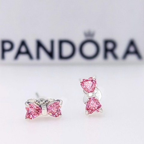 PANDORA Sparkling Pink Bow Stud Earrings (Sterling Silver, Zirconia) - Khuyên tai hình nơ, bạc 925, đính đá CZ hồng - Jewelry