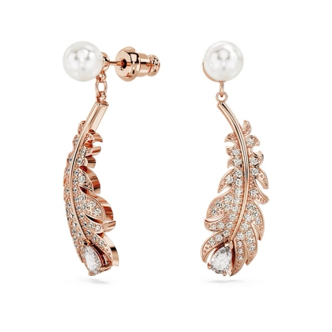 SWAROVSKI Nice drop earrings (Mixed cuts, Feather, White, Rose gold-tone plated) - Khuyên tai lông vũ mix ngọc trai pha lê - SWAROVSKI - JEWELRY