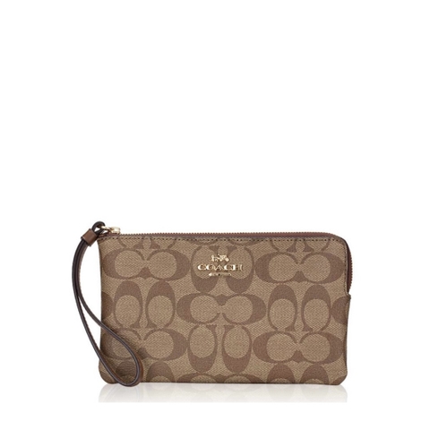 COACH 6648 Signature Large Corner Zip Wristlet Khaki Saddle - Ví cầm tay, khoá kéo