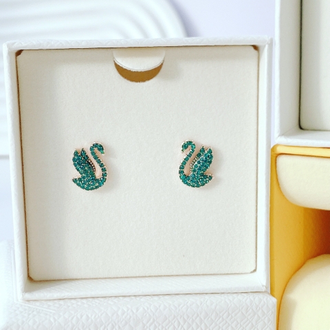 SWAROVSKI Swan stud earrings (Green, Rose gold-tone plated) - Khuyên tai thiên nga, pha lê xanh - JEWERY