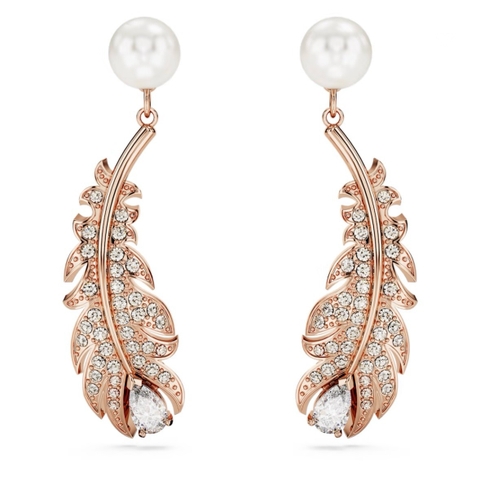 SWAROVSKI Nice drop earrings (Mixed cuts, Feather, White, Rose gold-tone plated) - Khuyên tai lông vũ mix ngọc trai pha lê - SWAROVSKI - JEWELRY