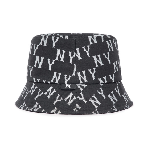 [SALE] MLB MONOGRAM NY NEWYORK YANKEES WHITE Black BUCKET - Mũ vành tròn, tone đen