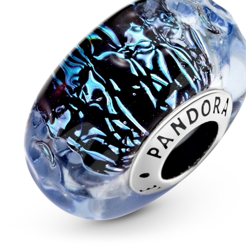 PANDORA Wavy Dark Blue Murano Glass Ocean Charm (Silver Sterling) - Hạt trang trí vòng tay hình tròn, bạc 925, màu xanh gợn sóng đại dương - JEWELRY