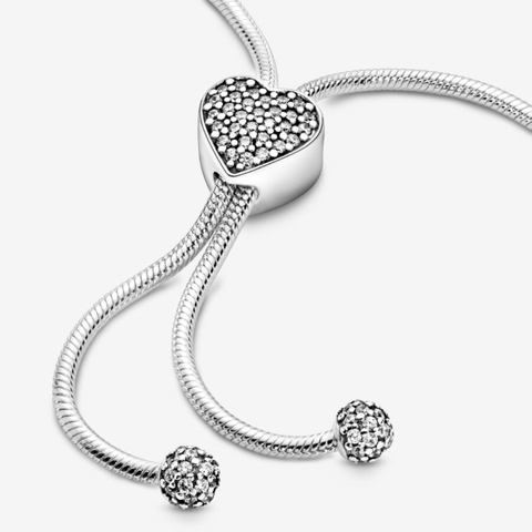 Pandora Moments Pavé Heart & Snake Chain Sliding Bracelet (Heart Clasp, Silver Sterling) - Vòng/lắc tay bạc 925, khoá trái tim, dáng rút mềm - JEWELRY BRACELET