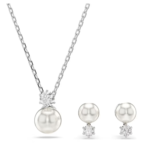 SWAROVSKI Matrix set (Crystal pearl, Round cut, White, Rhodium plated) - EARRINGS & NECKLACE - Khuyên tai + dây cổ, ngọc trai pha lê trắng - JEWELRY