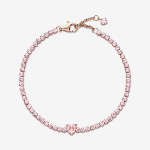 PANDORA Sparkling Heart Tennis Bracelet (14k rose-gold plated, Pink Crystal) - Vòng/lắc tay hỗn hợp kim loại mạ vàng hồng 14k, đá pha lê hồng, hình tim