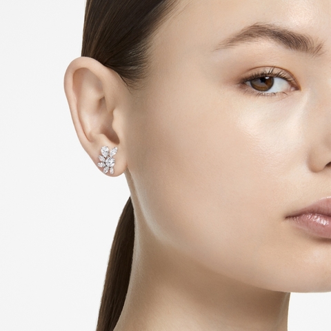 SWAROVSKI Gema Flower stud earrings (White, Rhodium plated) - Khuyên tai, pha lê trắng - JEWERY