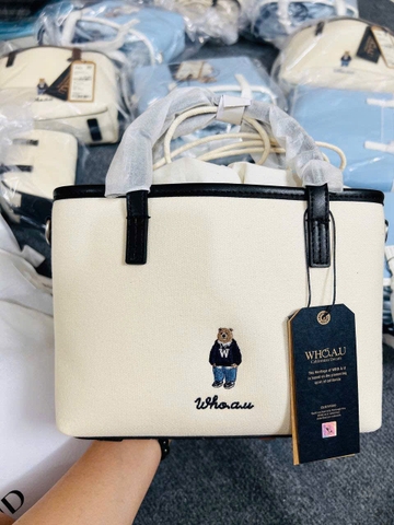 WHOAU BEAR CANVAS TOTE BAG WHITE - Túi xách có quai, đeo chéo, hình gấu, màu trắng