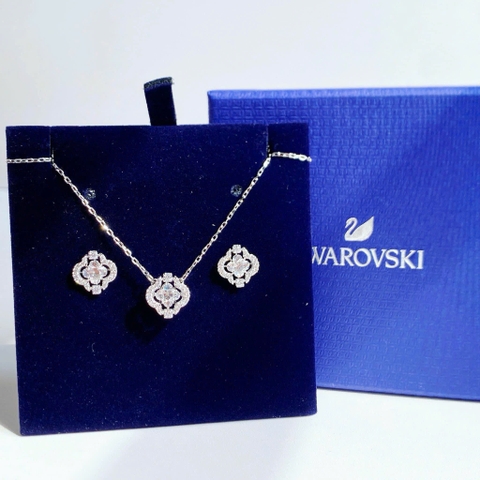 SWAROVSKI Una set (Mixed cuts, Clover, White, Rhodium plated) - EARRINGS & NECKLACE - Khuyên tai + dây cổ, pha lê trắng chuyển động - JEWELRY