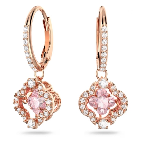 SWAROVSKI Una drop earrings (Clover, Pink, Rose gold-tone plated) - Khuyên tai pha lê hồng - JEWERY