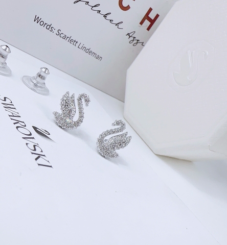 SWAROVSKI Swan stud earrings (Swan, White, Rhodium plated) - Khuyên tai thiên nga trắng - JEWERY
