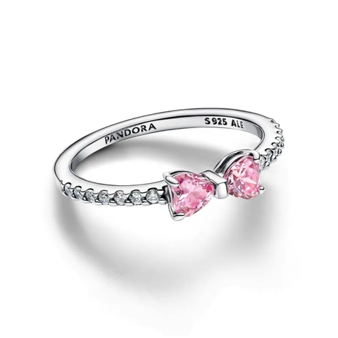PANDORA Sparkling Pink Bow Stud Ring (Sterling Silver, Zirconia) - Nhẫn hình nơ, bạc 925, đính đá CZ hồng - Jewelry