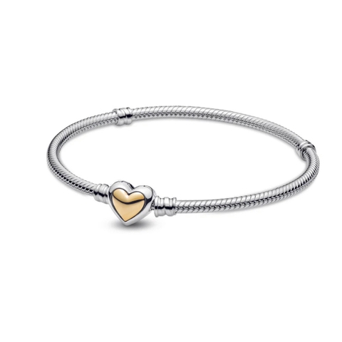 CHÍNH HÃNG - PANDORA Domed Golden Heart Clasp Snake Chain Bracelet (Silver Sterling, 14k Gold) - Vòng/lắc bạc 925, khoá trái tim phối vàng 14k, dáng mềm - JEWELRY