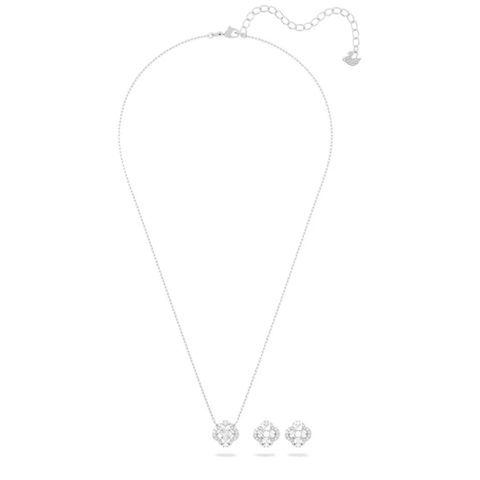SWAROVSKI Una set (Mixed cuts, Clover, White, Rhodium plated) - EARRINGS & NECKLACE - Khuyên tai + dây cổ, pha lê trắng chuyển động - JEWELRY