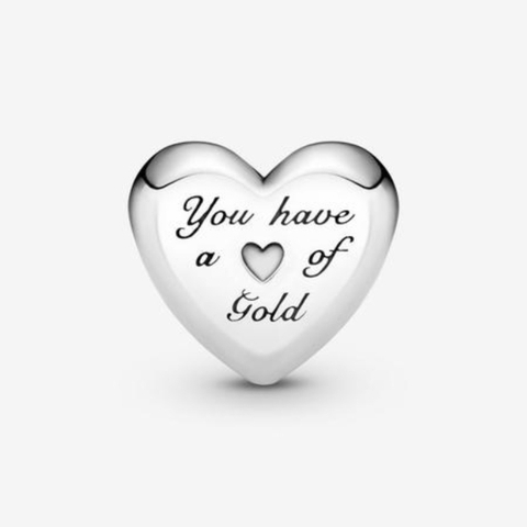 PANDORA Domed Golden Heart Charm “You Have a Heart of Gold” (Sterling silver, 14K Gold) - Hạt trang trí vòng tay hình trái tim vàng