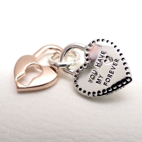 PANDORA Charm Moments Dangle HEART LOCK (Silver Sterling, 14k Rose-gold plated) - Hạt trang trí vòng, lắc tay hình khoá trái tim treo, bạc 925, mạ vàng hồng 14k