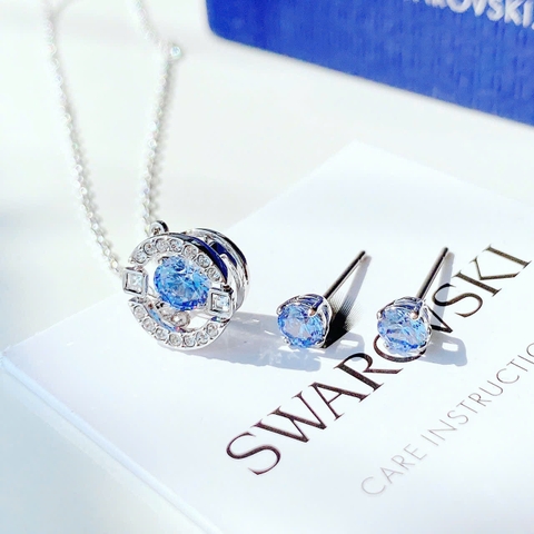 SWAROVSKI Una set (Round cut, Blue, Rhodium plated) - EARRINGS & NECKLACE - Khuyên tai + dây cổ, pha lê xanh chuyển động - JEWELRY