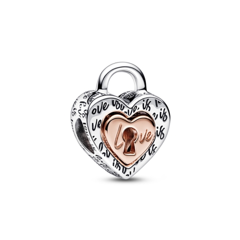 PANDORA Charm Moments HEART LOCK (Silver Sterling, 14k Rose-gold plated) - Hạt trang trí vòng, lắc tay hình khoá trái tim, bạc 925, mạ vàng hồng 14k - JEWELRY CHARMS
