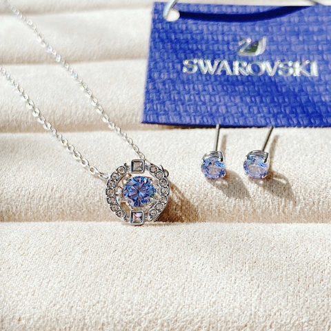 SWAROVSKI Una set (Round cut, Blue, Rhodium plated) - EARRINGS & NECKLACE - Khuyên tai + dây cổ, pha lê xanh chuyển động - JEWELRY