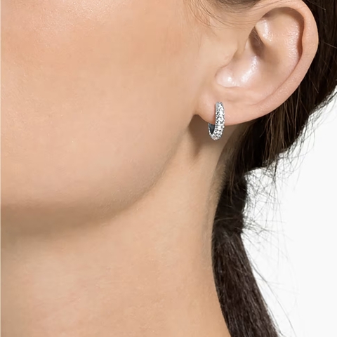 SWAROVSKI Dextera hoop stone earrings (Pavé, Small, White, Rhodium plated) - Khuyên tai tròn, pha lê trắng- JEWERY