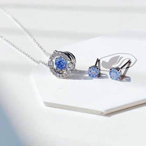 SWAROVSKI Una set (Round cut, Blue, Rhodium plated) - EARRINGS & NECKLACE - Khuyên tai + dây cổ, pha lê xanh chuyển động - JEWELRY