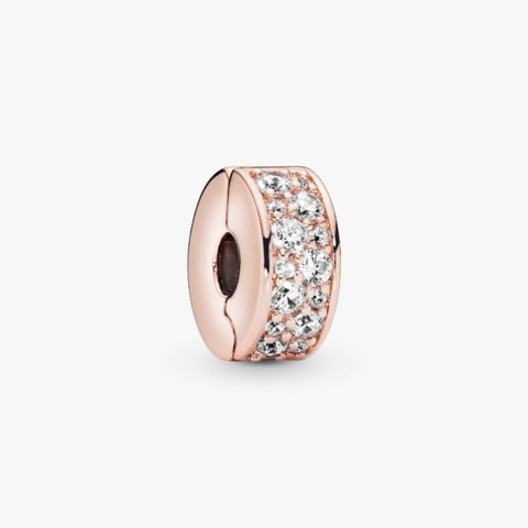 CHÍNH HÃNG - PANDORA Clear Pavé Clip Charm (14K Rosegold plated, Zircona) - Hạt trang trí vòng tay, chốt bấm, hỗn hợp kim loại mạ vàng hồng 14k