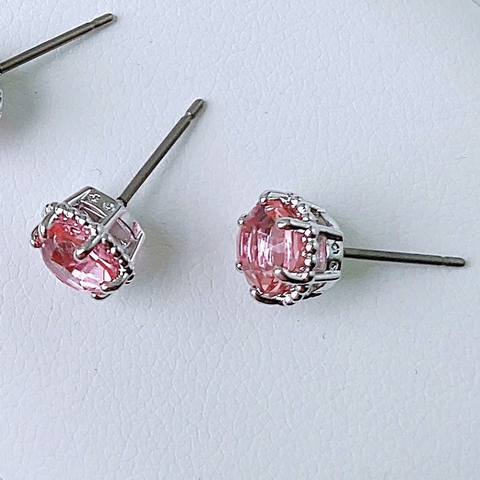 SWAROVSKI Birthstone stud earrings (Round cut, Dark Pink, Rhodium plated) - Khuyên tai, hình tròn, pha lê màu hồng đậm - JEWERY