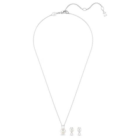 SWAROVSKI Matrix set (Crystal pearl, Round cut, White, Rhodium plated) - EARRINGS & NECKLACE - Khuyên tai + dây cổ, ngọc trai pha lê trắng - JEWELRY