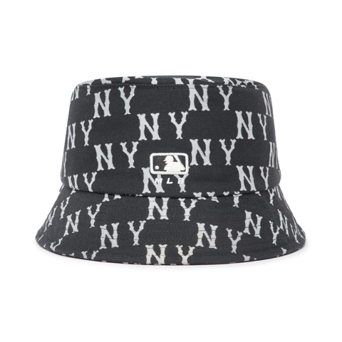 [SALE] MLB MONOGRAM NY NEWYORK YANKEES WHITE Black BUCKET - Mũ vành tròn, tone đen