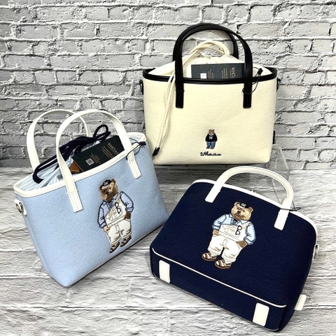 WHOAU BEAR CANVAS TOTE BAG NAVY/BLUE/WHITE - Túi xách có quai, đeo chéo, hình gấu, màu xanh đen/ xanh biển/ trắng