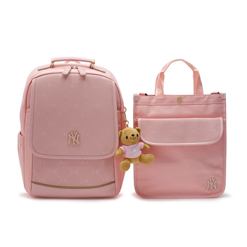 MLB BALO, TÚI DIA MONOGAM EMBOSSED SCHOOLBAG PINK BACKPACK (SET GỒM BALO + TÚI XÁCH ĐI KÈM)