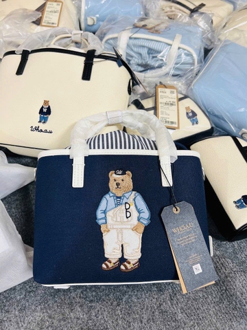 WHOAU BEAR CANVAS TOTE BAG NAVY - Túi xách có quai, đeo chéo, hình gấu, màu xanh đen