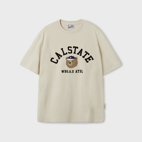 WHOAU Steve Campus Arch Letter T-Shirt Beige - Áo thun, cổ tròn, tay lỡ màu be