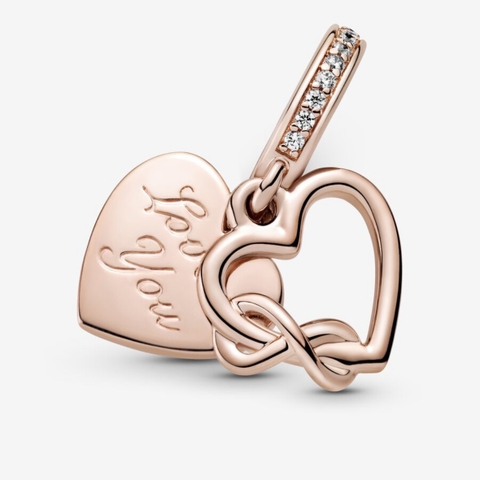 PANDORA Charm Moments LOVE YOU INFINITY HEART dangle (Silver Sterling, Rose-gold 14k plated, Zircona) - Hạt trang trí treo vòng tay hình trái tim vô cực, bạc 925, mạ vàng hồng 14k, đá CZ