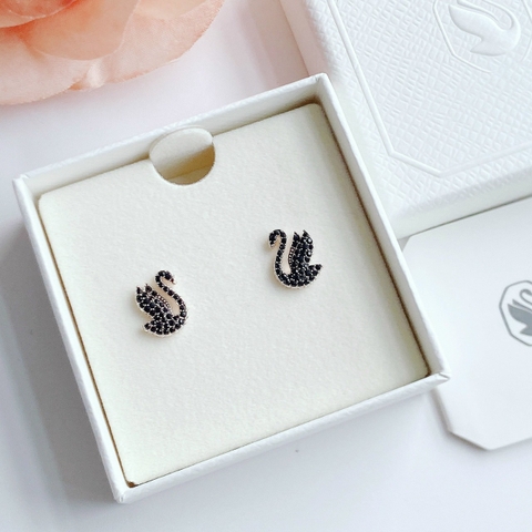 SWAROVSKI Swan stud earrings (Swan, Black, Rose gold-tone plated) - Khuyên tai thiên nga đen - JEWERY